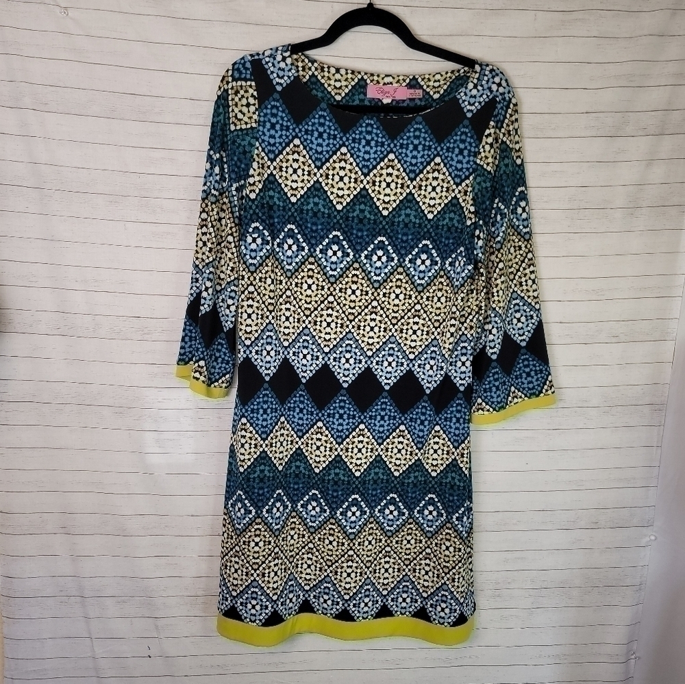 ELIZA J. 3/4 SLEEVE GEO PRINT SHIFT DRESS, SZ 8